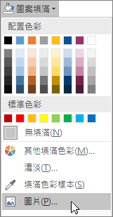 螢幕擷取畫面顯示 Publisher [格式] 索引標籤上 [圖案填滿] 的 [圖片填滿] 選項。