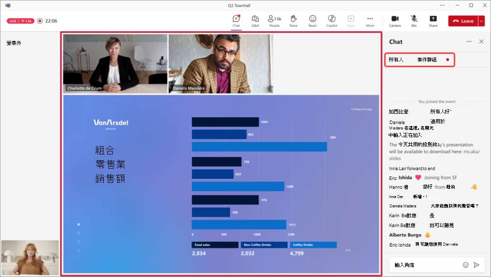 一張顯示 Teams 裡市政廳會議的截圖，顯示主辦者的聊天動態。