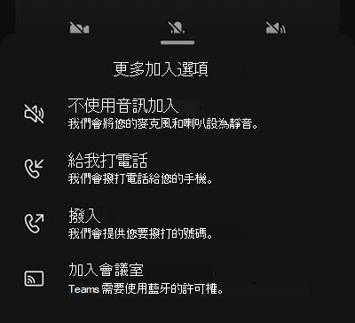 在行動會議加入前的畫面中選擇音訊來源。