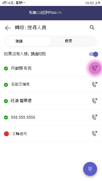 [傳輸] 畫面顯示標示為 [傳輸] 的搜尋欄位 [傳輸]：搜尋人員，並啟用 [如果沒有解答則通知我] 切換開關，以及包括 Danielle Booker、Eric Ishida、Wanda Howard、555 555 5555 和 Kayo Miwa 在內的連絡人清單。每個連絡人旁邊都會顯示一個轉接動作按鈕，並醒目提示一個來電轉接按鈕。