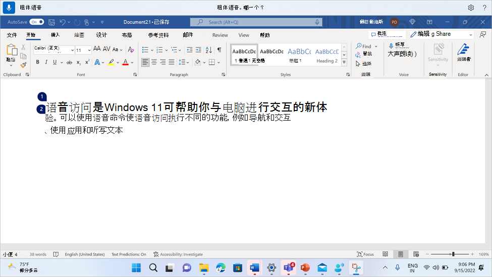 Word显示语音访问命令 Bold 的文档。
