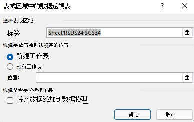 Excel for Windows 中的“创建数据透视表”对话框显示所选单元格区域和默认选项。