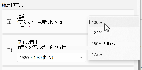 缩放和布局选项屏幕截图。