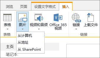 SharePoint Online 功能区的屏幕截图。选择“插入”选项卡，然后选择“图片”以选择是否要从你的计算机、Web 地址或 SharePoint 位置上传图片。