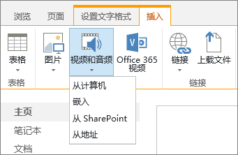 SharePoint Online 功能区的屏幕截图。选择“插入”选项卡，然后选择“视频和音频”，以指定是从你的计算机、SharePoint 位置、Web 地址添加文件，还是通过嵌入代码添加文件。