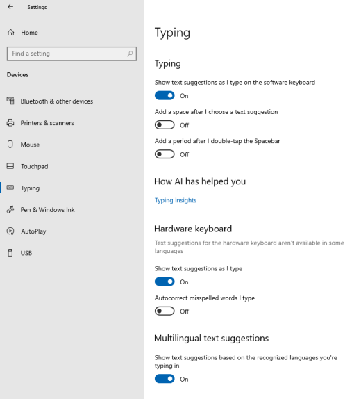 在 Windows 中键入文本建议的选项