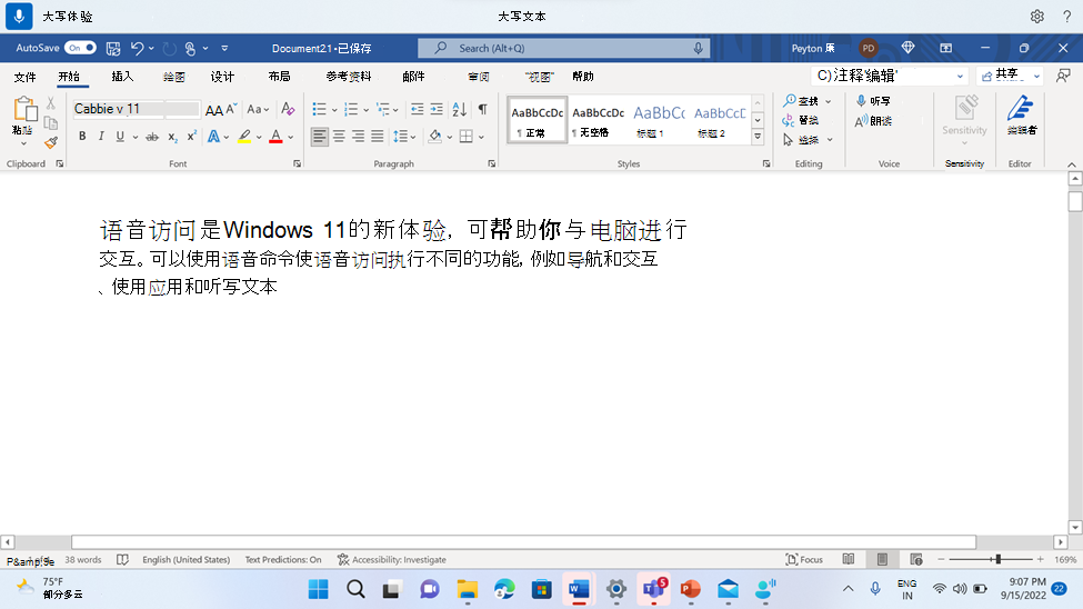 Word显示语音访问命令 Capitalize 的文档。