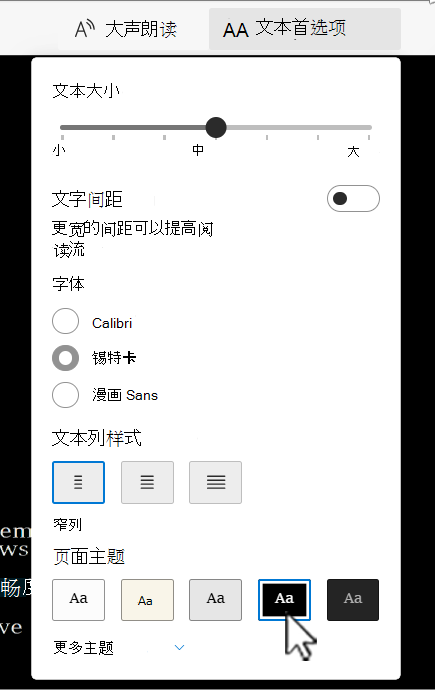 Word 中的沉浸式阅读器文本首选项选项