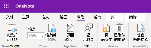 OneNote 网页版应用中的“缩放”控件。