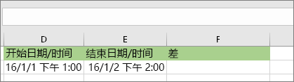 开始日期为 2016-1-1 1:00 PM；结束日期为 2016-1-2 2:00 PM