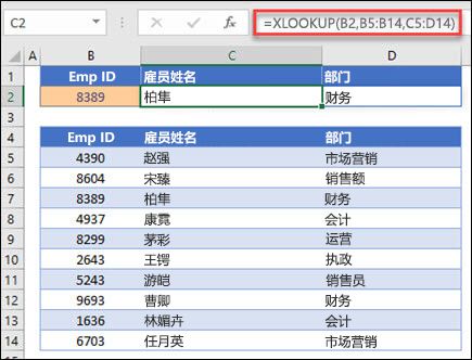 用于基于员工 IDt 返回员工姓名和部门的 XLOOKUP 函数示例。公式为：=XLOOKUP (B2，B5：B14，C5：D14,0,1) 