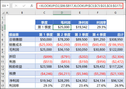 用于通过嵌套 2 个 XLOOKUP 从表中返回水平数据的 XLOOKUP 函数的图像。公式为：=XLOOKUP (D2，$B 6：$B 17，XLOOKUP ($C 3，$C 5：$G 5，$C 6：$G 17) ) 