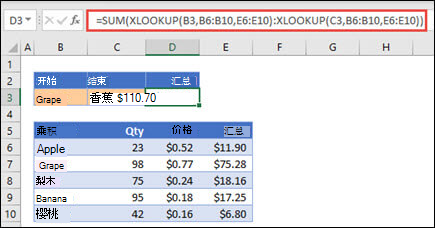 将 XLOOKUP 与 SUM 配合使用，对两个选择之间的值范围进行总计