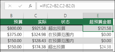 单元格 E2 中的公式是 =IF (C2>B2，C2-B2，) 