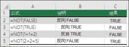 用于反转参数的 NOT 函数示例。例如 =NOT (1+1=2) 