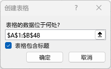 “创建表”窗口
