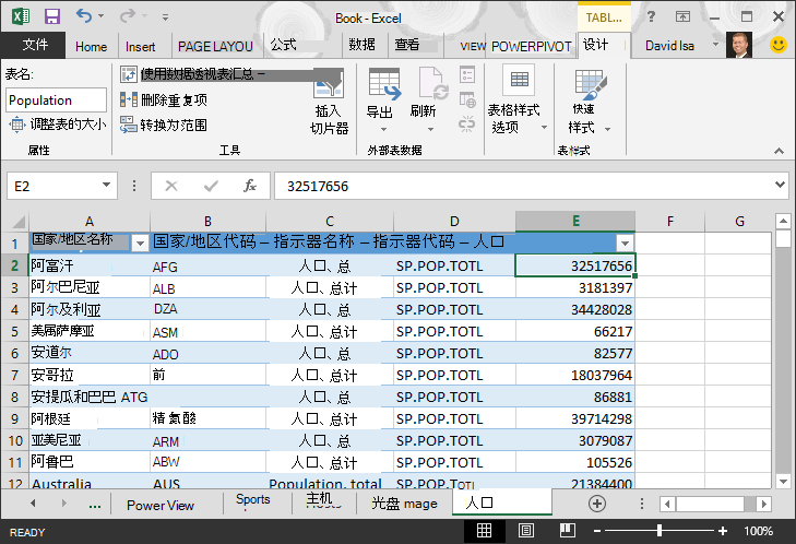 已导入 Excel 中的人口数据