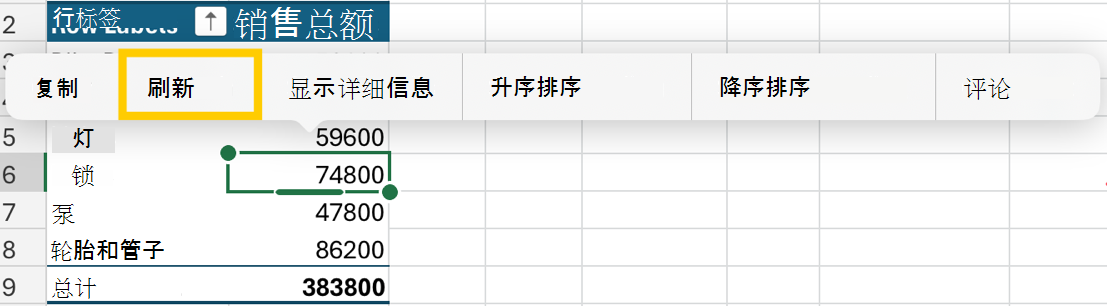 在 iPad 上的上下文菜单中刷新数据透视表。