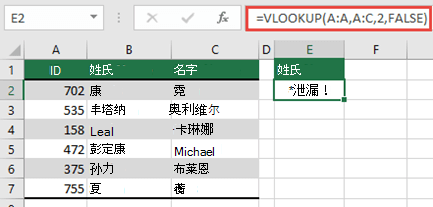 #SPILL！单元格 E2 中的 =VLOOKUP (A：A，A：D，2，FALSE) 会导致错误，因为结果会溢出到工作表边缘之外。将公式移动到单元格 E1，它将正常工作。