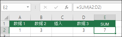 示例描绘了当插入列时，求和公式自动从 =SUM(A2:C2) 扩展到 =SUM(A2:D2) 的情形