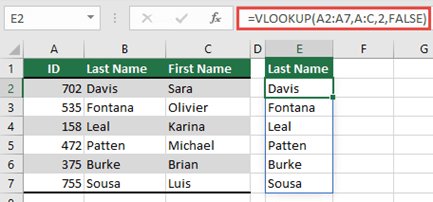 使用 =VLOOKUP (A2：A7，A：C，2，FALSE) 返回一个不会导致 #SPILL 的动态数组！错误。