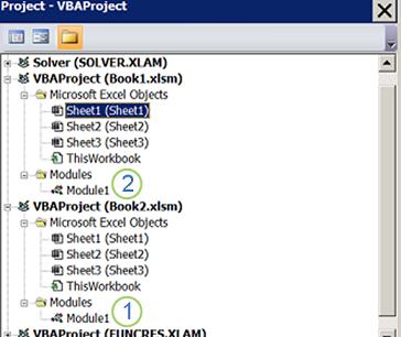 显示 VBAProject Book1.xlsm 和 VBAProject Book2.xlsm 的项目树的 VBA 项目资源管理器窗格。数字 1 标记 Book2.xlsm Modules 文件夹下的 Module1，数字 2 标记 Book1.xlsm 下的 Modules 文件夹，指示将模块拖动到何处以复制它。