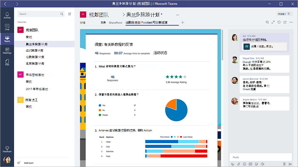 Microsoft Teams 中的“窗体”选项卡，在结果模式下显示窗体