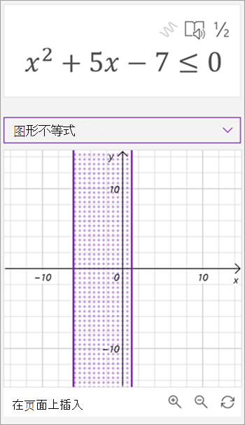 数学助手生成的不相等 x 平方加 5x - 7 小于或等于 0 的图形的屏幕截图。图形上显示了两条垂直线之间的阴影区域