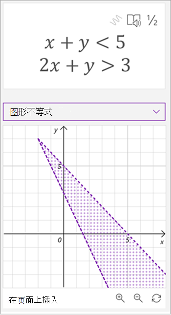 数学助手生成的公式 x 加 y 小于 5,2x 加 y 大于 3 的公式图形的屏幕截图，两条线都绘制，两条线之间的区域为阴影