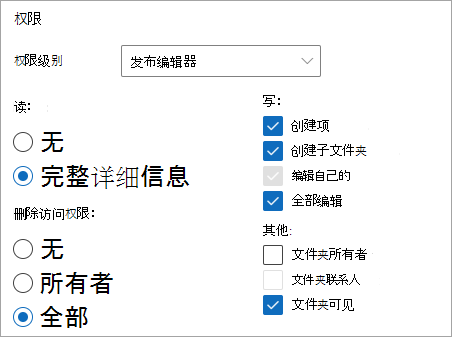 显示“发布编辑器”已选择为权限级别的屏幕截图