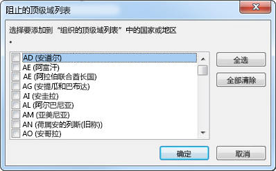 “阻止的顶级域列表”对话框