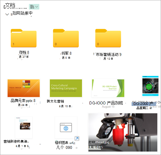 包含链接的 SharePoint 新式文档库的屏幕截图。