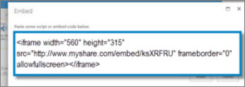 <从视频共享网站复制的视频的 iframe> 嵌入代码的屏幕截图。嵌入代码是虚构的。