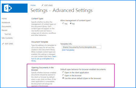 SharePoint 中的文档库的“高级设置”页面的屏幕截图