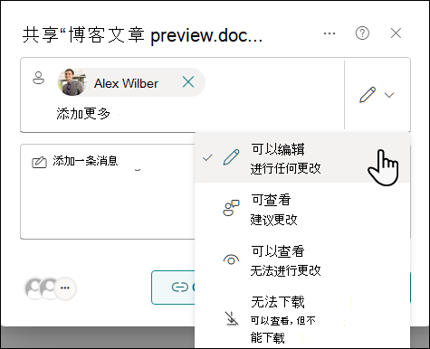 为受邀共享文档的人员选择权限设置。
