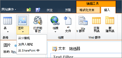 单击功能区上的图片按钮，然后从计算机、地址或 SharePoint 中进行选择。