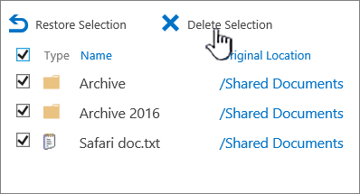 SharePoint 2016 二级回收站，其中所有项目都选中并突出显示了删除项