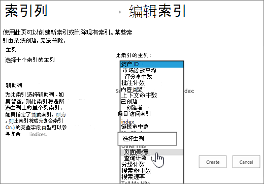 编辑索引页，其中从下拉框中选择了列