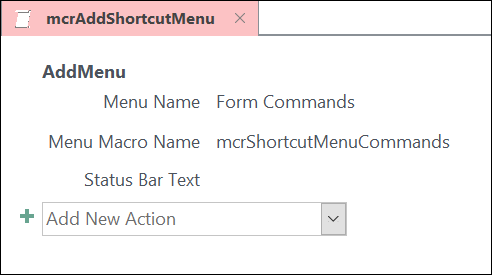 包含 AddMenu 宏操作的 Access 宏对象的屏幕截图。