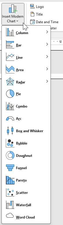 Microsoft Access 中的“插入新式聊天”按钮下显示的 16 种图表类型的列表。