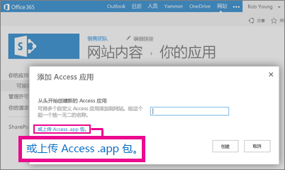 将 Access 应用程序包上载到 SharePoint 网站上“添加应用程序”页面