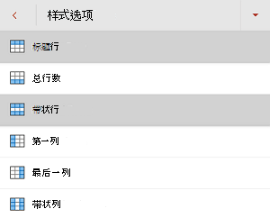 PowerPoint for Android的“样式选项”菜单中选中的“标题行”复选框。