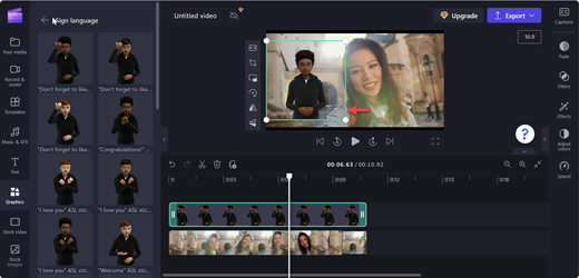 Clipchamp编辑器页面的屏幕截图，其中描述了将头像移动到舞台的一侧。