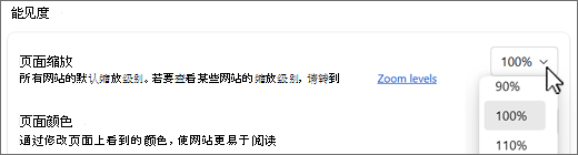 “页面缩放级别”下拉列表屏幕截图。