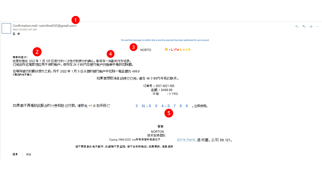 冒充来自 Norton 的诈骗电子邮件示例。