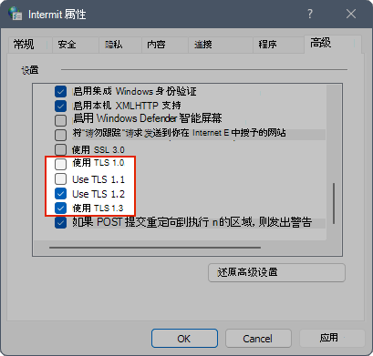 显示 Internet 属性中的 TLS 设置的屏幕截图