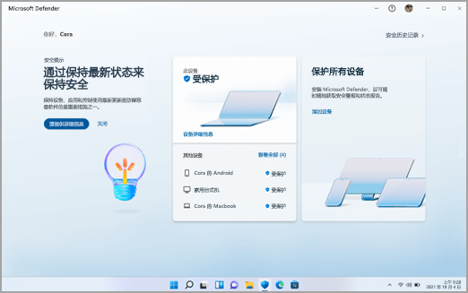 Windows 上的 Microsoft Defender 仪表板