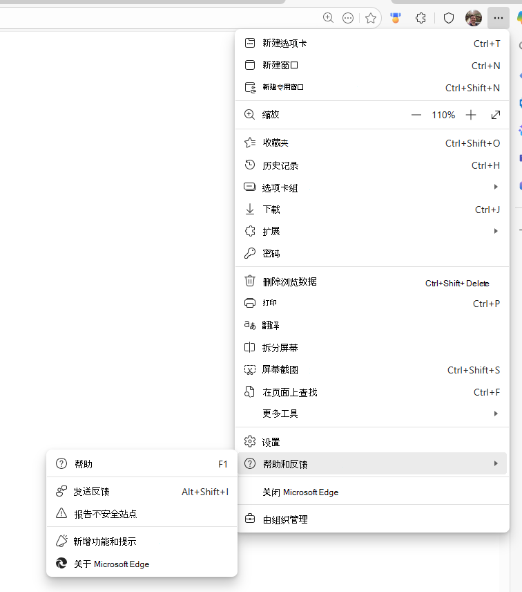 显示 Edge 中的帮助和反馈的屏幕截图。