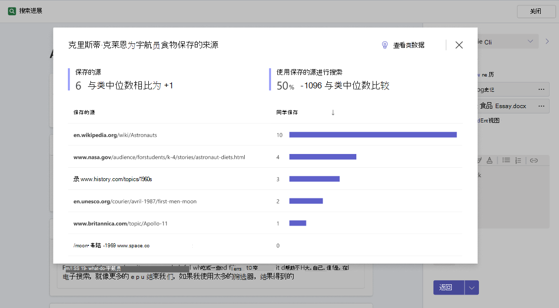 弹出窗口显示学生保存的源的更详细概述，以及同学保存这些源的频率。