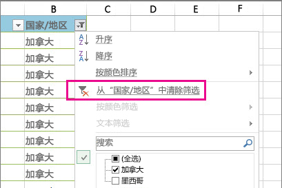 “从 中清除筛选”按钮